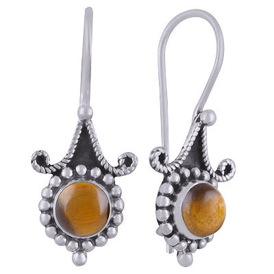 Alluring Rawa Work Pattern Around Tiger's Eye Round Shape 925 Sterling Solid Silver Dangle Earrings - R1501832-13
