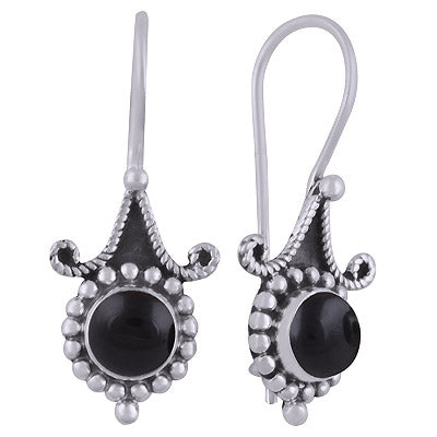 Alluring Rawa Work Pattern Around Black Onyx Round Shape 925 Sterling Solid Silver Dangle Earrings - R1501832-15