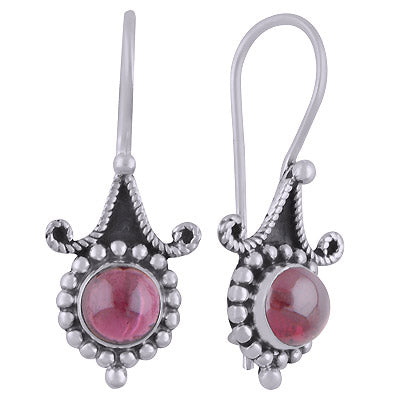 Alluring Rawa Work Pattern Around Garnet Round Shape 925 Sterling Solid Silver Dangle Earrings - R1501832-2