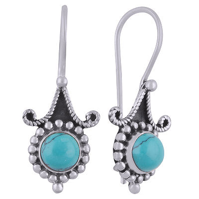 Alluring Rawa Work Pattern Around Turquoise Round Shape 925 Sterling Solid Silver Dangle Earrings - R1501832-3