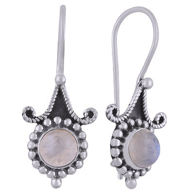 Alluring Rawa Work Pattern Around Rainbow Moonstone Round Shape 925 Sterling Solid Silver Dangle Earrings - R1501832-4