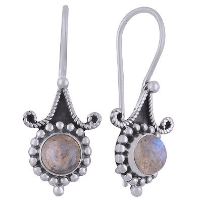 Alluring Rawa Work Pattern Around Labradorite Round Shape 925 Sterling Solid Silver Dangle Earrings - R1501832-5