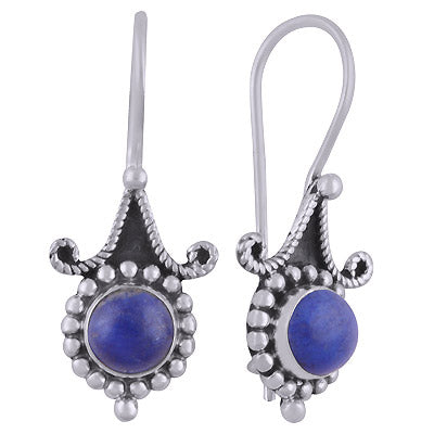 Alluring Rawa Work Pattern Around Lapis Round Shape 925 Sterling Solid Silver Dangle Earrings - R1501832-6