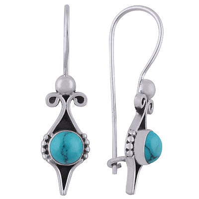 Gorgeous Handcrafted Work Around Turquoise Round Shape 925 Sterling Solid Silver Dangle Earrings - R1501833-23