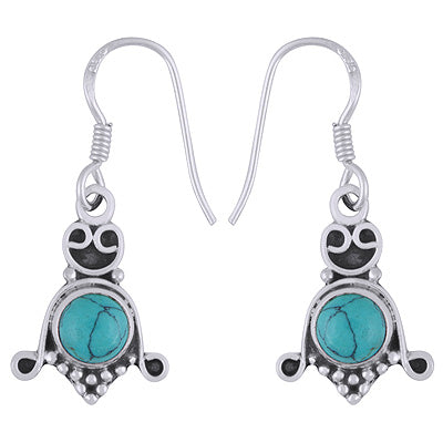 Stunning Oxidised Handcrafted Work Around Turquoise Round Shape 925 Sterling Solid Silver Earrings - R1501851-33