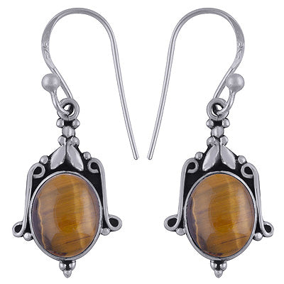 Handcrafted Work Tiger's Eye Oval Shape 925 Sterling Solid Silver Dangle Earrings - R1501866-9