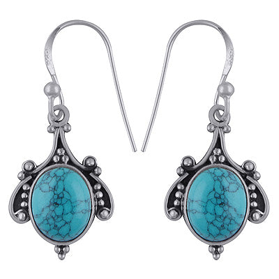 Handmade Work Around Turquoise Oval Shape 925 Sterling Solid Silver Dangle Earrings - R1501867-1