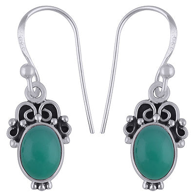 Classic Silver Work Green Onyx Oval Shape 925 Sterling Solid Silver Dangle Earrings - R1501868-8