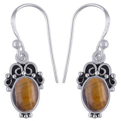 Classic Silver Work Tiger's Eye Oval Shape 925 Sterling Solid Silver Dangle Earrings - R1501868-9