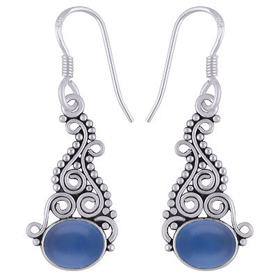 Authentic Handwork Around Blue Chalcedony Oval Shape 925 Sterling Solid Silver Dangle Earrings - R1501883-8