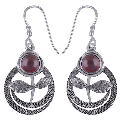 Beautiful Texture work Around Garnet Round Shape 925 Sterling Solid Silver Dangle Earrings - R1501890-2