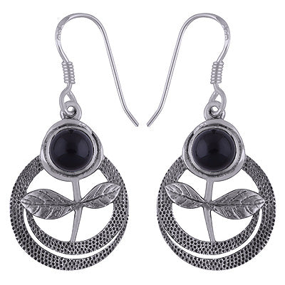 Beautiful Texture work Around Black Onyx Round Shape 925 Sterling Solid Silver Dangle Earrings - R1501890-7
