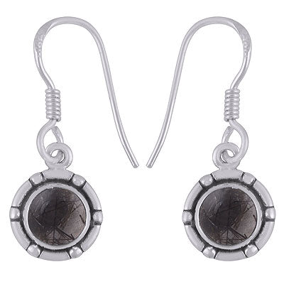 Stunning Bold Work Around Black Rutile Round Shape 925 Sterling Solid Silver Dangle Earrings - R1501917-7