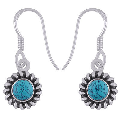 Beautiful Handcrafted Work Around Turquoise Round Shape 925 Sterling Solid Silver Dangle Earrings - R1501919-3
