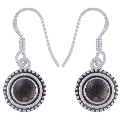 Stunning Rawa Work Around Black Rutile Round Shape 925 Sterling Solid Silver Dangle Earrings - R1501920-7