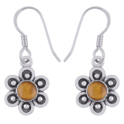 Beautiful Flower Rawa Around Tiger's Eye Round Shape 925 Sterling Solid Silver Dangle Earrings - R1501922-8