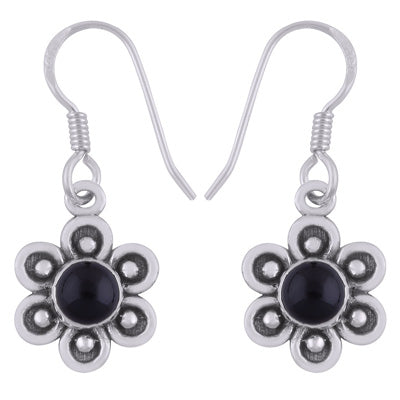 Beautiful Flower Rawa Around Black Onyx Round Shape 925 Sterling Solid Silver Dangle Earrings - R1501922-9