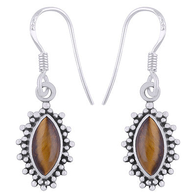Alluring Rawa Work Pattern Around Tiger's Eye Marquise Shape 925 Sterling Solid Silver Dangle Earrings - R1501925-61