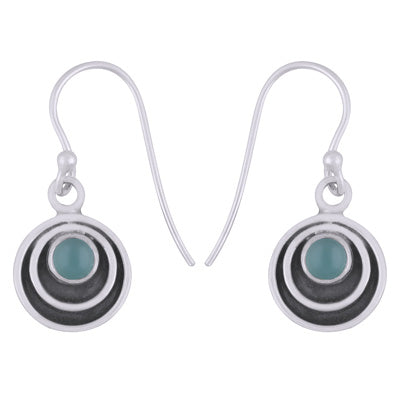 Beautiful Concentric Circle Around Aqua Chalcedony Round Shape 925 Sterling Solid Silver Dangle Earrings - R1501928-60