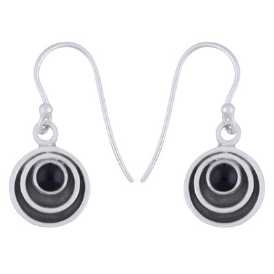 Beautiful Concentric Circle Around Black Onyx Round Shape 925 Sterling Solid Silver Dangle Earrings - R1501928-64