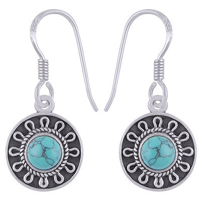 Stunning Wire Pattern Around Turquoise Round Shape 925 Sterling Solid Silver Dangle Earrings - R1501929-3