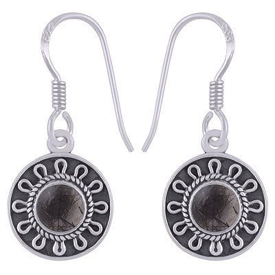 Stunning Wire Pattern Around Black Rutile Round Shape 925 Sterling Solid Silver Dangle Earrings - R1501929-7