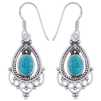 Alluring Wire And Rawa Work Around Turquoise Oval Shape 925 Sterling Solid Silver Dangle Earrings - R1501944-3