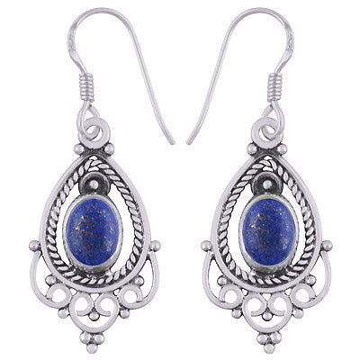 Alluring Wire And Rawa Work Around Lapis Oval Shape 925 Sterling Solid Silver Dangle Earrings - R1501944-6