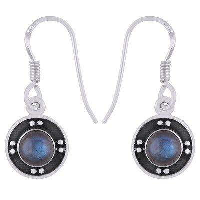 Alluring Oxidised Rawa Work Around Labradorite Round Shape 925 Sterling Solid Silver Dangle Earrings - R1501948-25