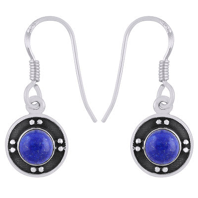 Alluring Oxidised Rawa Work Around Lapis Round Shape 925 Sterling Solid Silver Dangle Earrings - R1501948-26