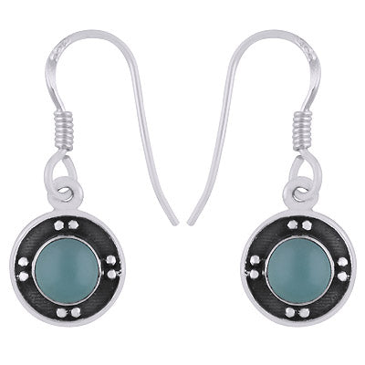 Alluring Oxidised Rawa Work Around Aqua Chalcedony Round Shape 925 Sterling Solid Silver Dangle Earrings - R1501948-30