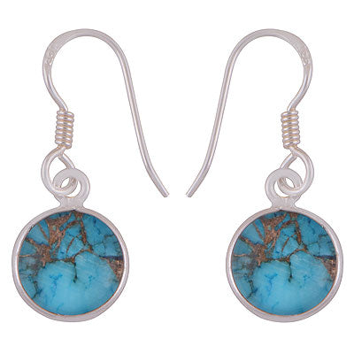 Alluring Elongated Gemstone Bezel Blue Copper Turquoise Doublet Round Shape 925 Sterling Solid Silver Dangle Earrings - R1501956-3