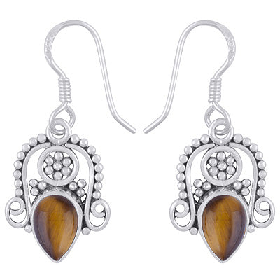 Stunning Rawa & Wire Work Around Tiger's Eye Pear Shape 925 Sterling Solid Silver Dangle Earrings - R1501961-11