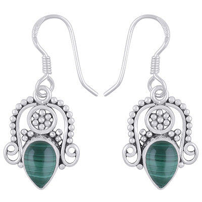 Stunning Rawa & Wire Work Around Malachite Pear Shape 925 Sterling Solid Silver Dangle Earrings - R1501961-12