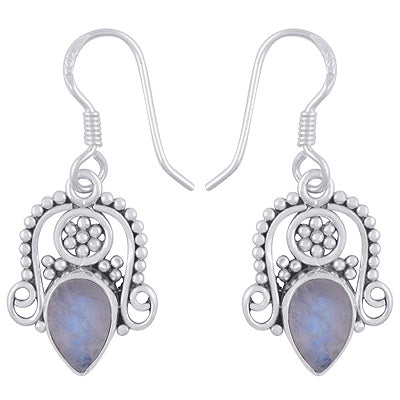 Stunning Rawa & Wire Work Around Rainbow Moonstone Pear Shape 925 Sterling Solid Silver Dangle Earrings - R1501961-4