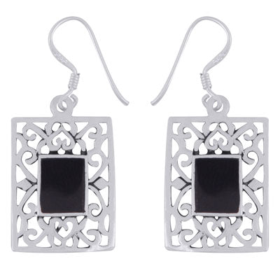 Alluring Handcrafted Work Around Black Onyx Rectangle Shape 925 Sterling Solid Silver Dangle Earrings - R1501971-14