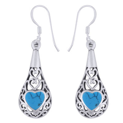 Alluring Handcrafted Work Around Turquoise Heart Shape 925 Sterling Solid Silver Dangle Earrings - R1501971-5