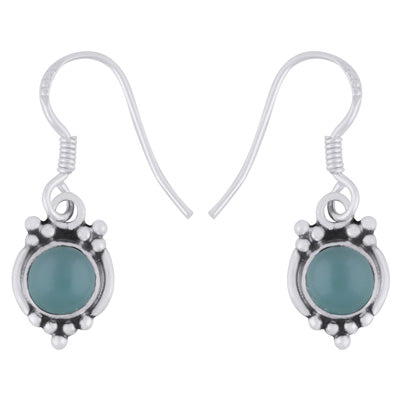 Gorgeous Rawa Work Pattern Around Aqua Chalcedony Round Shape 925 Sterling Solid Silver Dangle Earrings - R1501983-10