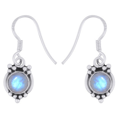 Gorgeous Rawa Work Pattern Around Rainbow Moonstone Round Shape 925 Sterling Solid Silver Dangle Earrings - R1501983-4