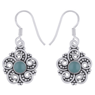 Alluring Flower Work Around Aqua Chalcedony Round Shape 925 Sterling Solid Silver Dangle Earrings - R1501984-10
