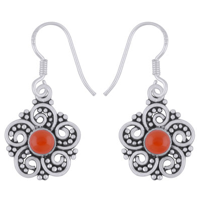 Alluring Flower Work Around Carnelian Round Shape 925 Sterling Solid Silver Dangle Earrings - R1501984-7