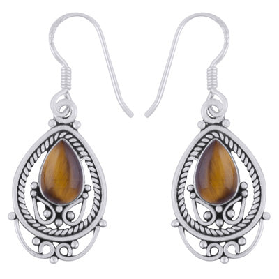 Alluring Wire And Rawa Work Around Tiger's Eye Pear Shape 925 Sterling Solid Silver Dangle Earrings - R1501985-11