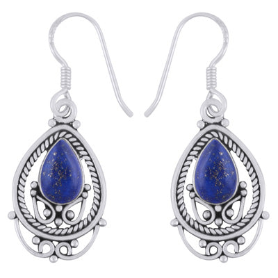 Alluring Wire And Rawa Work Around Lapis Pear Shape 925 Sterling Solid Silver Dangle Earrings - R1501985-6