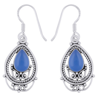 Alluring Wire And Rawa Work Around Blue Chalcedony Pear Shape 925 Sterling Solid Silver Dangle Earrings - R1501985-9