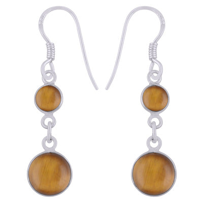 Beautiful Two Stone Bezel Tiger's Eye Round Shape 925 Sterling Solid Silver Dangle Earrings - R1501991-11