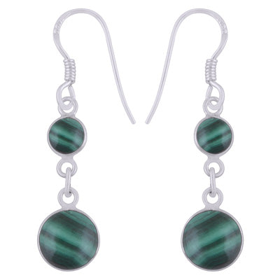 Beautiful Two Stone Bezel Malachite Round Shape 925 Sterling Solid Silver Dangle Earrings - R1501991-12