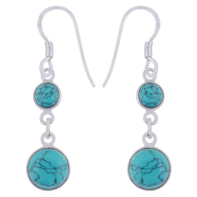 Beautiful Two Stone Bezel Turquoise Round Shape 925 Sterling Solid Silver Dangle Earrings - R1501991-3