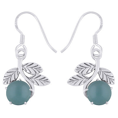 Gorgeous Handcrafted stem w/Leaves Around Aqua Chalcedony Round Shape 925 Sterling Solid Silver Dangle Earrings - R1501995-10