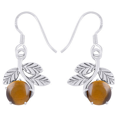 Gorgeous Handcrafted stem w/Leaves Around Tiger's Eye Round Shape 925 Sterling Solid Silver Dangle Earrings - R1501995-11