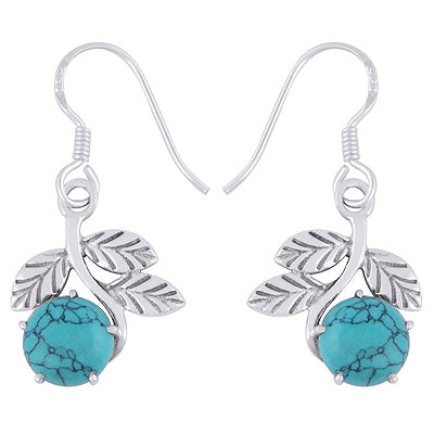 Gorgeous Handcrafted stem w/Leaves Around Turquoise Round Shape 925 Sterling Solid Silver Dangle Earrings - R1501995-3